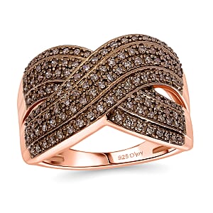 D&rsquo;Joy Natural Champagne Diamond 0.75 ctw Crossover Bridge Ring in 18K Vermeil Rose Gold Over Sterling Silver (Size 10.0) 
