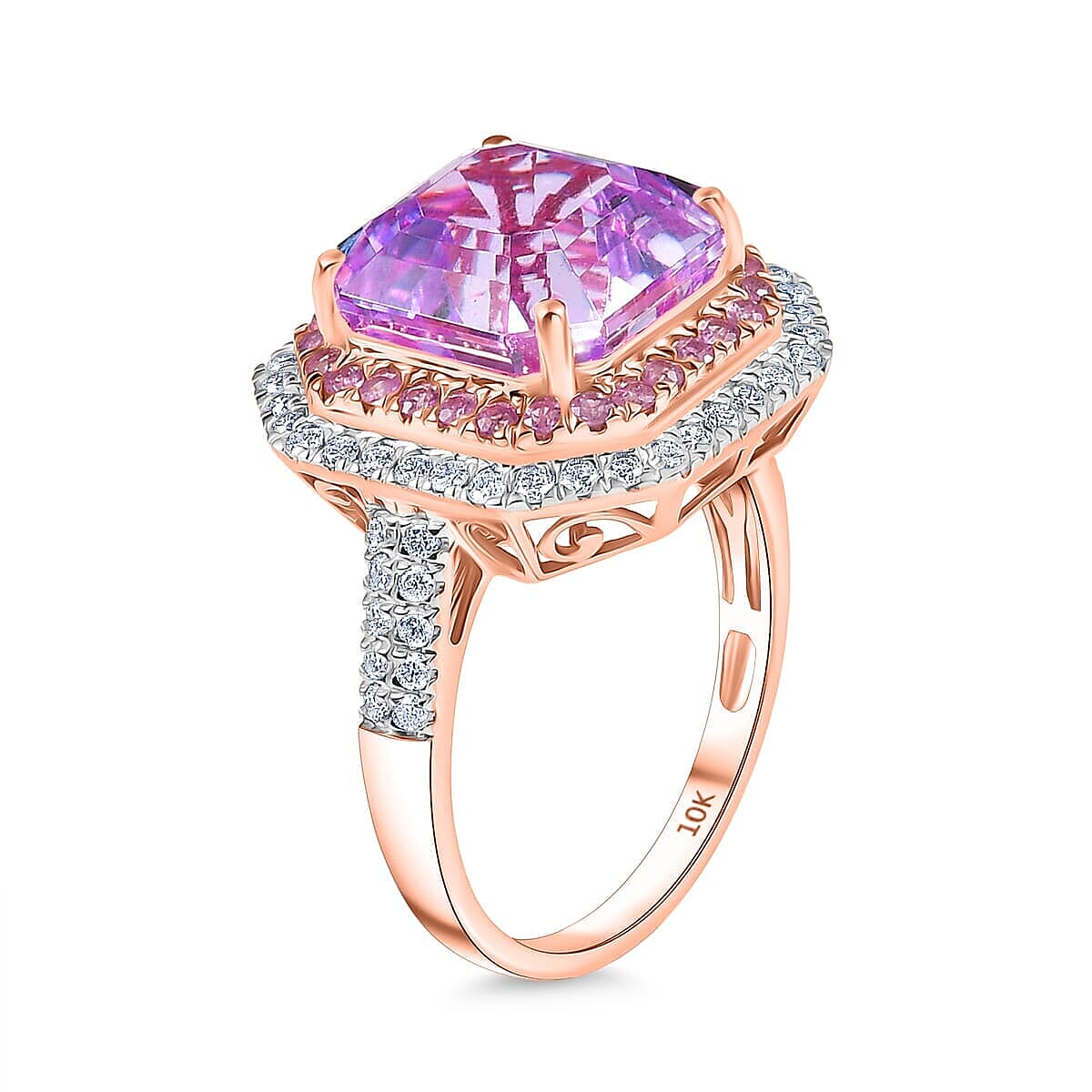 Luxoro 10K Rose Gold Premium Asscher Cut Martha Rocha Kunzite, Pink Sapphire and Diamond (G-H, I2) Blush Fire Ring (Size 10.0) 11.30 ctw image number 3