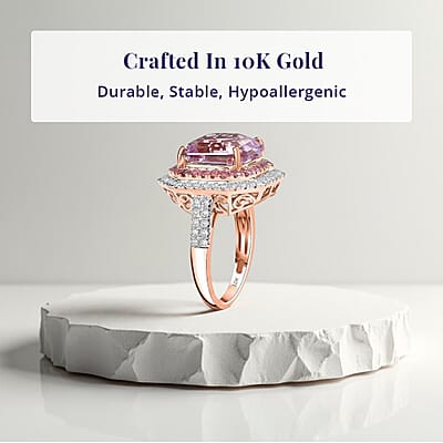Luxoro 10K Rose Gold Premium Asscher Cut Martha Rocha Kunzite, Pink Sapphire and Diamond (G-H, I2) Blush Fire Ring (Size 10.0) 11.30 ctw
