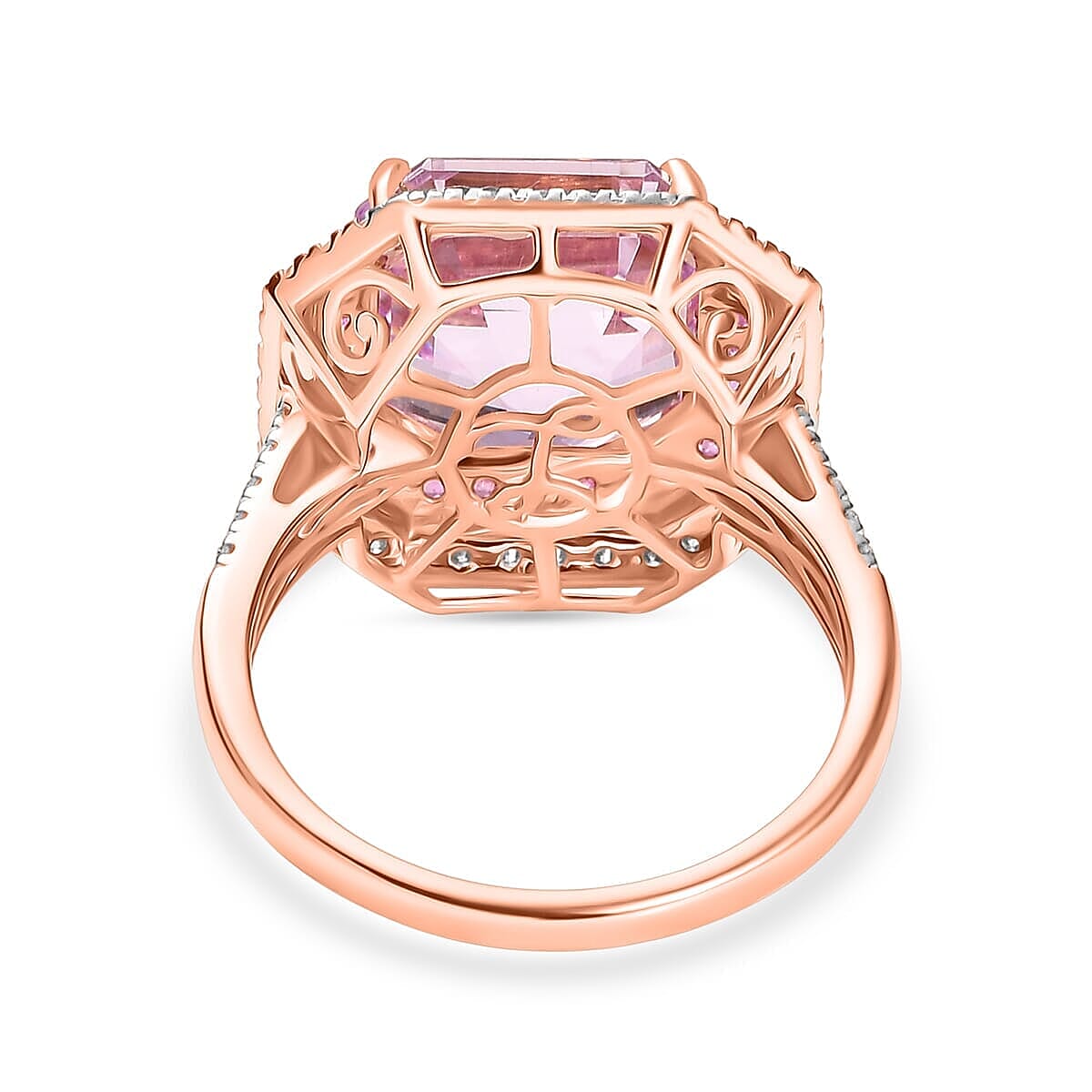 Luxoro 10K Rose Gold Premium Asscher Cut Martha Rocha Kunzite, Pink Sapphire and Diamond (G-H, I2) Blush Fire Ring (Size 10.0) 11.30 ctw image number 4