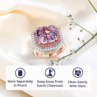 Luxoro 10K Rose Gold Premium Asscher Cut Martha Rocha Kunzite, Pink Sapphire and Diamond (G-H, I2) Blush Fire Ring (Size 11.0) 11.30 ctw