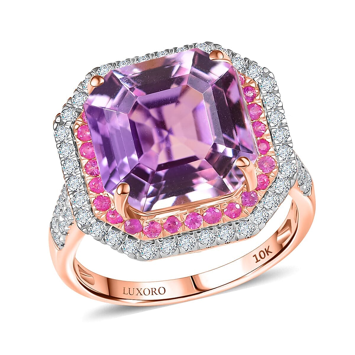 Luxoro 10K Rose Gold Premium Asscher Cut Martha Rocha Kunzite, Pink Sapphire and Diamond (G-H, I2) Blush Fire Ring (Size 5.5) 11.30 ctw image number 0