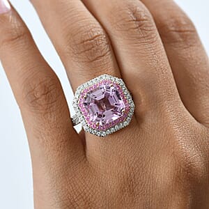 Luxoro 10K Rose Gold Premium Asscher Cut Martha Rocha Kunzite, Pink Sapphire and Diamond (G-H, I2) Blush Fire Ring (Size 5.5) 11.30 ctw