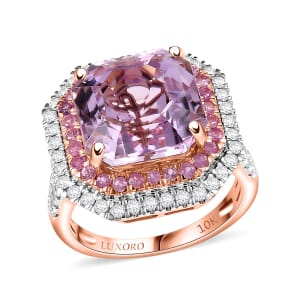 Luxoro Premium Asscher Cut Martha Rocha Kunzite, Pink Sapphire and G-H I2 Diamond 11.30 ctw Blush Fire Ring in 10K Rose Gold (Size 6.0)