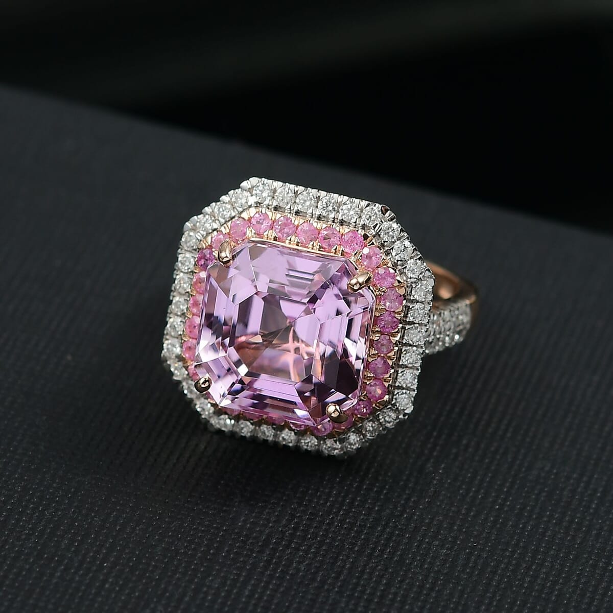 Luxoro Premium Asscher Cut Martha Rocha Kunzite, Pink Sapphire and G-H I2 Diamond 11.30 ctw Blush Fire Ring in 10K Rose Gold (Size 6.0) image number 1