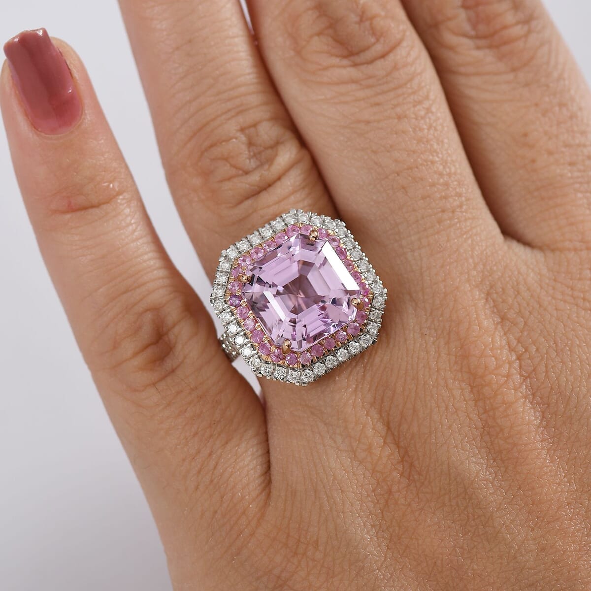 Luxoro Premium Asscher Cut Martha Rocha Kunzite, Pink Sapphire and G-H I2 Diamond 11.30 ctw Blush Fire Ring in 10K Rose Gold (Size 6.0) image number 2