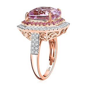 Luxoro Premium Asscher Cut Martha Rocha Kunzite, Pink Sapphire and G-H I2 Diamond 11.30 ctw Blush Fire Ring in 10K Rose Gold (Size 6.0)