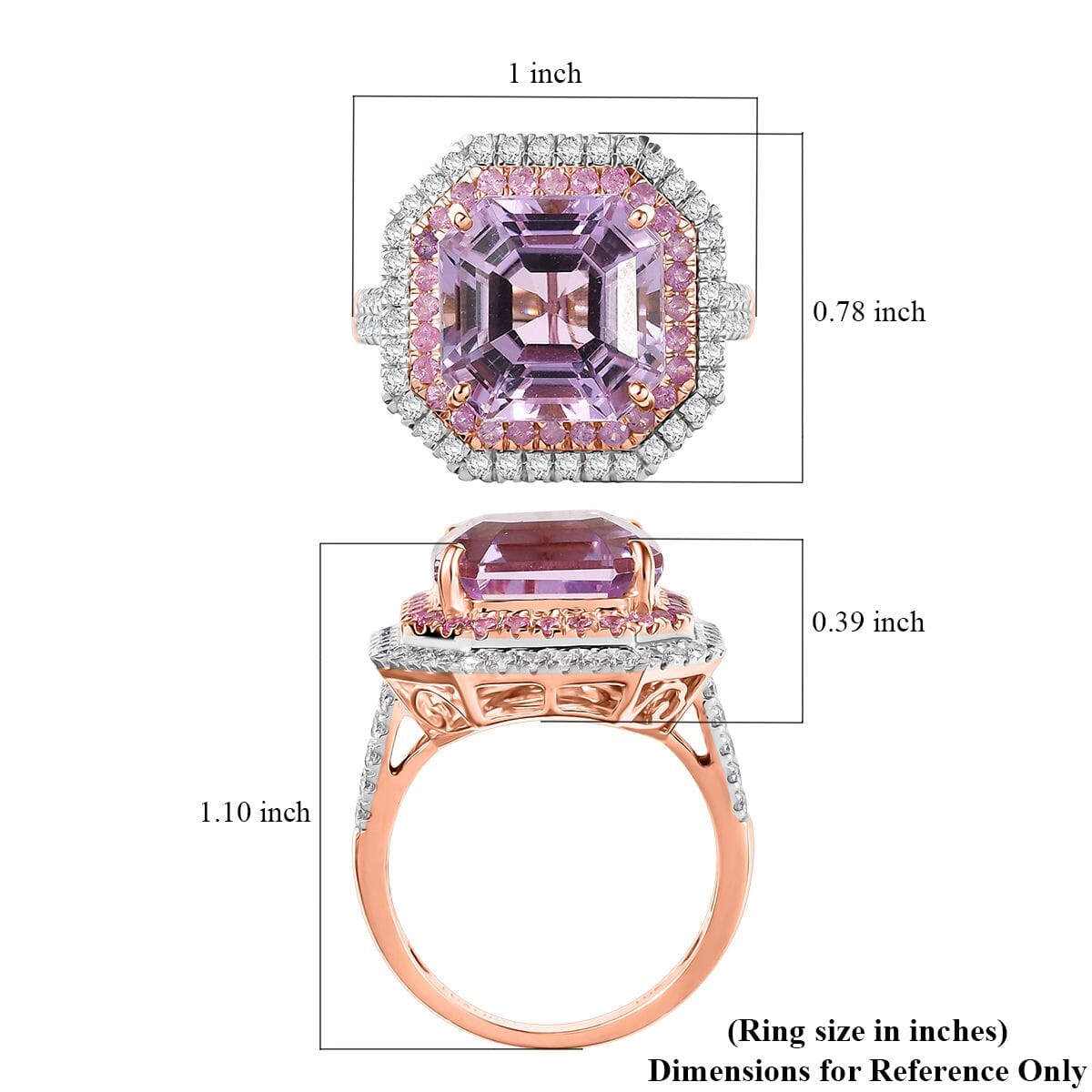 Luxoro Premium Asscher Cut Martha Rocha Kunzite, Pink Sapphire and G-H I2 Diamond 11.30 ctw Blush Fire Ring in 10K Rose Gold (Size 6.0) image number 5