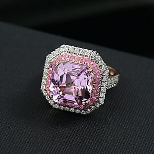 Luxoro Premium Asscher Cut Martha Rocha Kunzite, Pink Sapphire and G-H I2 Diamond 11.30 ctw Blush Fire Ring in 10K Rose Gold (Size 7.0)