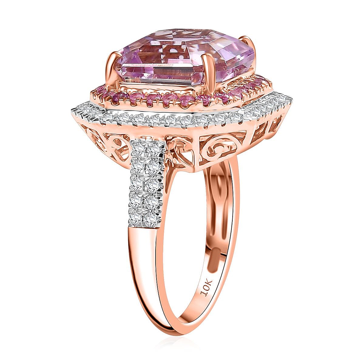 Luxoro Premium Asscher Cut Martha Rocha Kunzite, Pink Sapphire and G-H I2 Diamond 11.30 ctw Blush Fire Ring in 10K Rose Gold (Size 7.0) image number 3