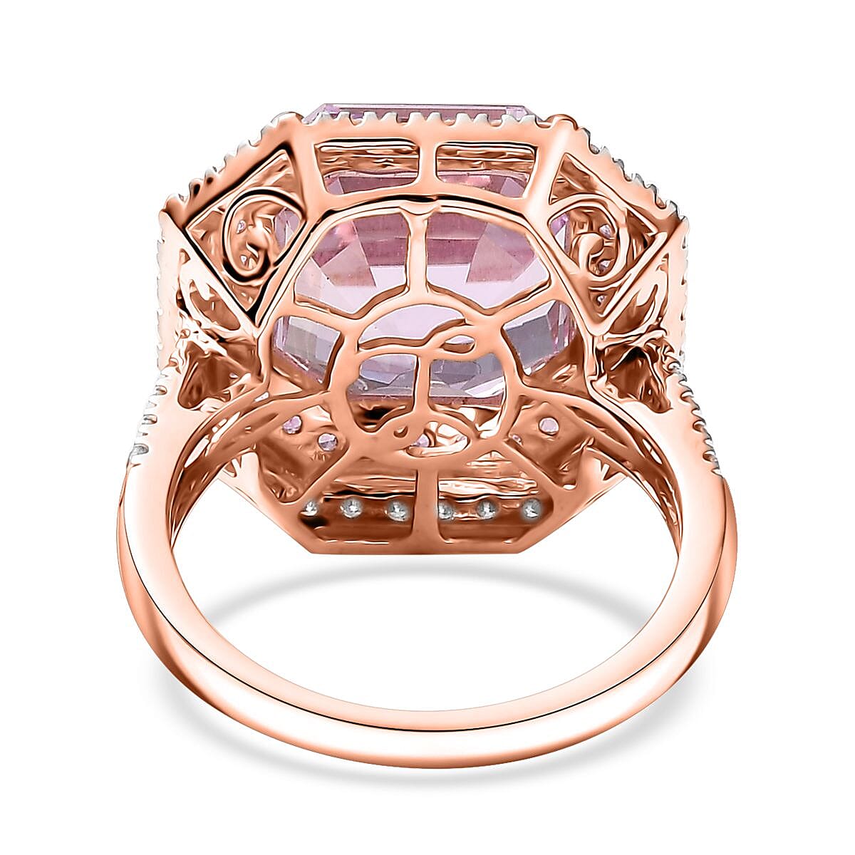 Luxoro Premium Asscher Cut Martha Rocha Kunzite, Pink Sapphire and G-H I2 Diamond 11.30 ctw Blush Fire Ring in 10K Rose Gold (Size 7.0) image number 4