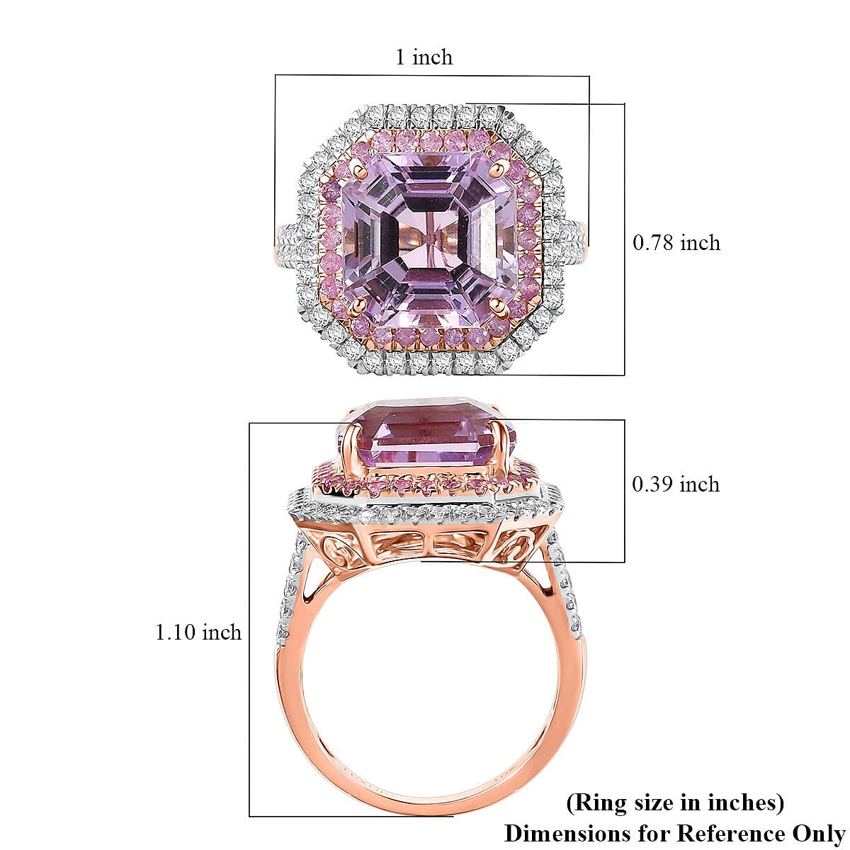 Luxoro Premium Asscher Cut Martha Rocha Kunzite, Pink Sapphire and G-H I2 Diamond 11.30 ctw Blush Fire Ring in 10K Rose Gold (Size 7.0) image number 5