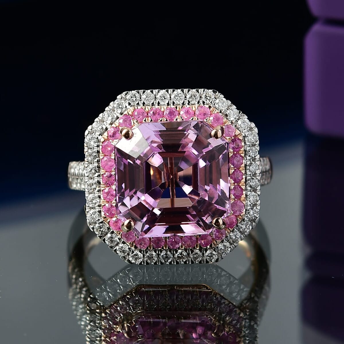 Luxoro 10K Rose Gold Premium Asscher Cut Martha Rocha Kunzite, Pink Sapphire and Diamond (G-H, I2) Blush Fire Ring (Size 7.5) 11.30 ctw image number 1