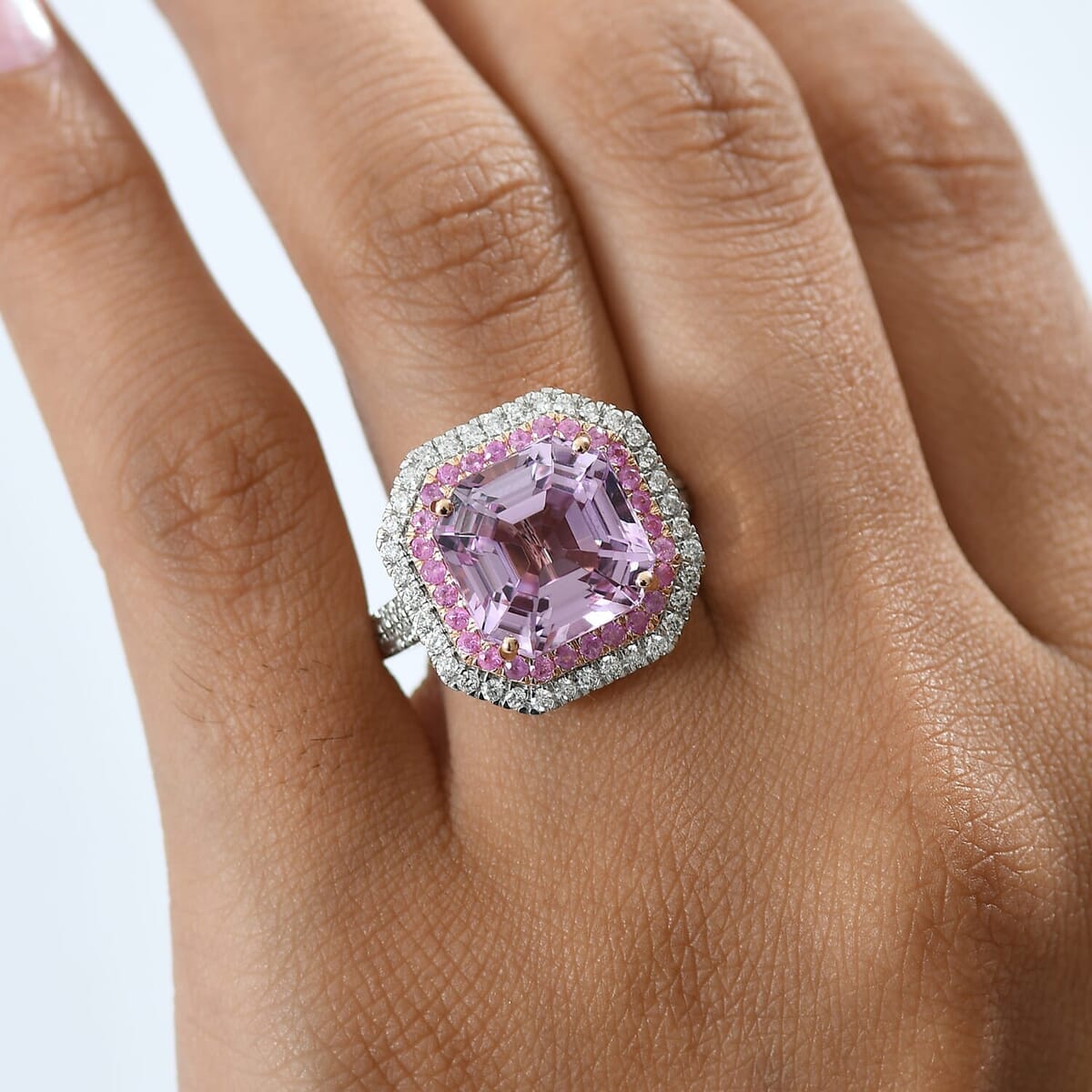 Luxoro 10K Rose Gold Premium Asscher Cut Martha Rocha Kunzite, Pink Sapphire and Diamond (G-H, I2) Blush Fire Ring (Size 7.5) 11.30 ctw image number 2
