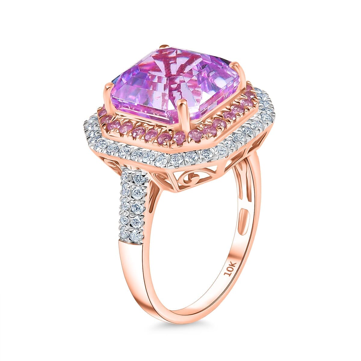 Luxoro 10K Rose Gold Premium Asscher Cut Martha Rocha Kunzite, Pink Sapphire and Diamond (G-H, I2) Blush Fire Ring (Size 7.5) 11.30 ctw image number 3
