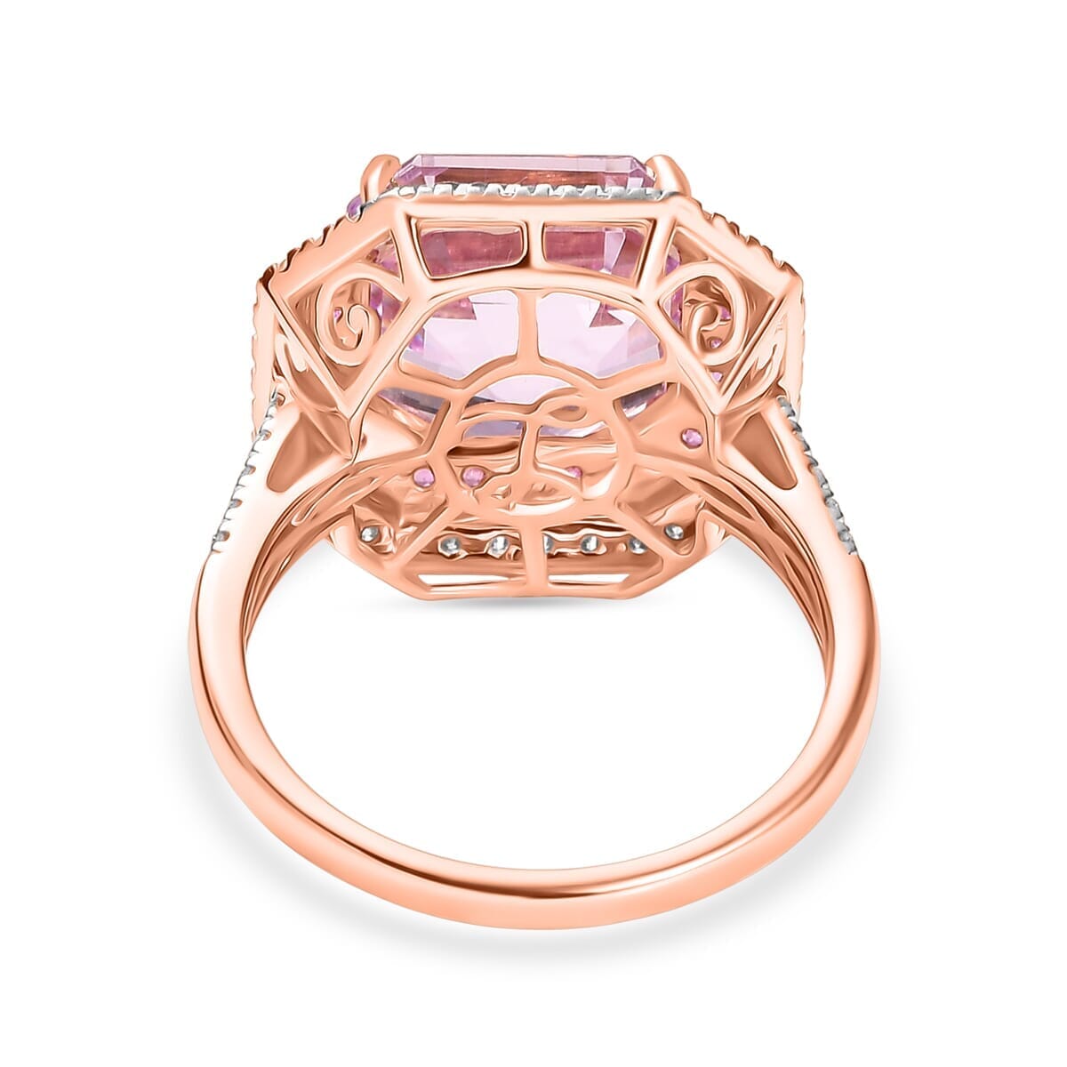 Luxoro 10K Rose Gold Premium Asscher Cut Martha Rocha Kunzite, Pink Sapphire and Diamond (G-H, I2) Blush Fire Ring (Size 7.5) 11.30 ctw image number 4