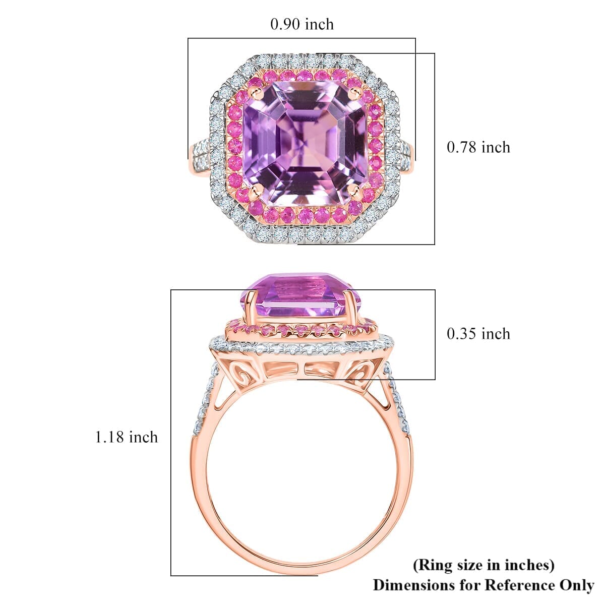 Luxoro 10K Rose Gold Premium Asscher Cut Martha Rocha Kunzite, Pink Sapphire and Diamond (G-H, I2) Blush Fire Ring (Size 7.5) 11.30 ctw image number 5