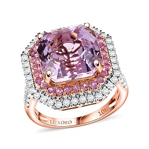 Luxoro Premium Asscher Cut Martha Rocha Kunzite, Pink Sapphire and G-H I2 Diamond 11.30 ctw Blush Fire Ring in 10K Rose Gold (Size 8.0)