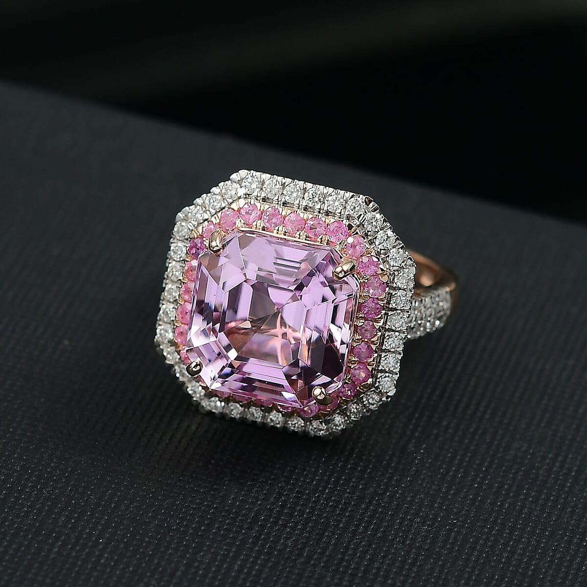 Luxoro Premium Asscher Cut Martha Rocha Kunzite, Pink Sapphire and G-H I2 Diamond 11.30 ctw Blush Fire Ring in 10K Rose Gold (Size 8.0) image number 1