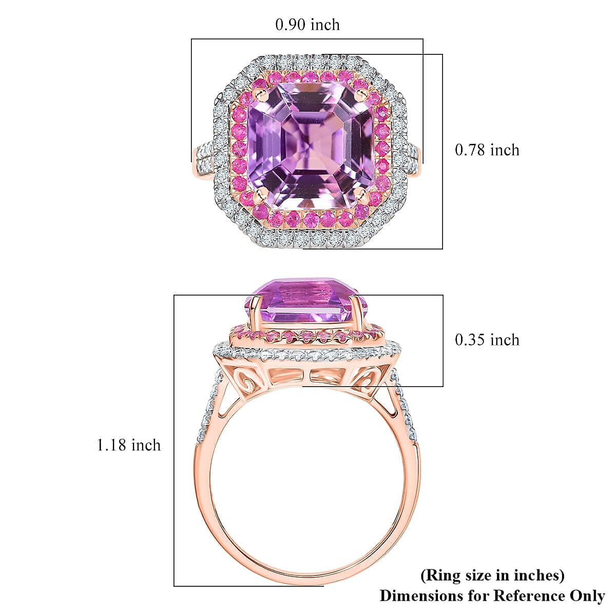 Luxoro Premium Asscher Cut Martha Rocha Kunzite, Pink Sapphire and G-H I2 Diamond 11.30 ctw Blush Fire Ring in 10K Rose Gold (Size 9.0) image number 5