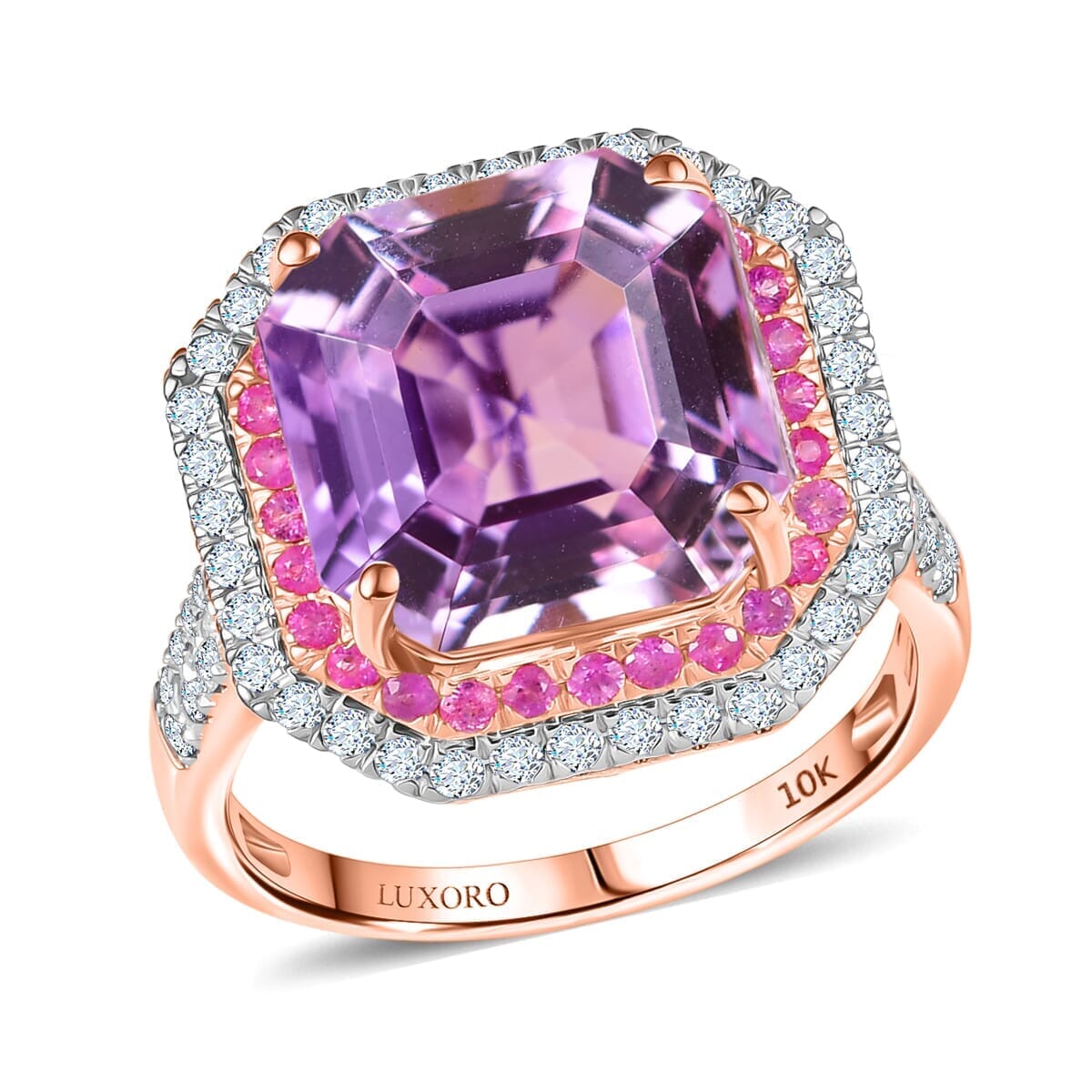 Luxoro 10K Rose Gold Premium Asscher Cut Martha Rocha Kunzite, Pink Sapphire and Diamond (G-H, I2) Blush Fire Ring (Size 9.5) 11.30 ctw image number 0