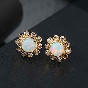 Ethiopian Welo Opal and White Zircon 1.67 ctw Earrings in Vermeil YG Over Sterling Silver