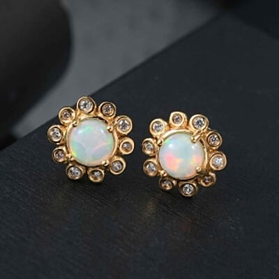 Ethiopian Welo Opal and White Zircon 1.67 ctw Earrings in Vermeil YG Over Sterling Silver