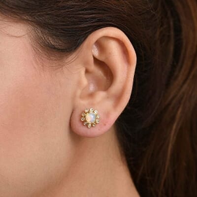 Ethiopian Welo Opal and White Zircon 1.67 ctw Earrings in Vermeil YG Over Sterling Silver
