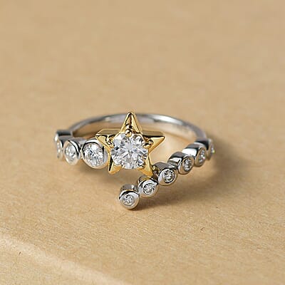 D'Joy Moissanite 0.90 ctw Ring in Platinum Over and 14K Yellow Gold Over Sterling Silver (Size 10.0)