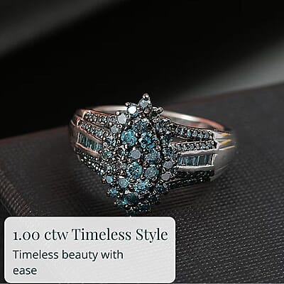 D'Joy Blue Diamond 1.00 ctw Starry Night Ring in Rhodium Over Sterling Silver (Size 10.0)