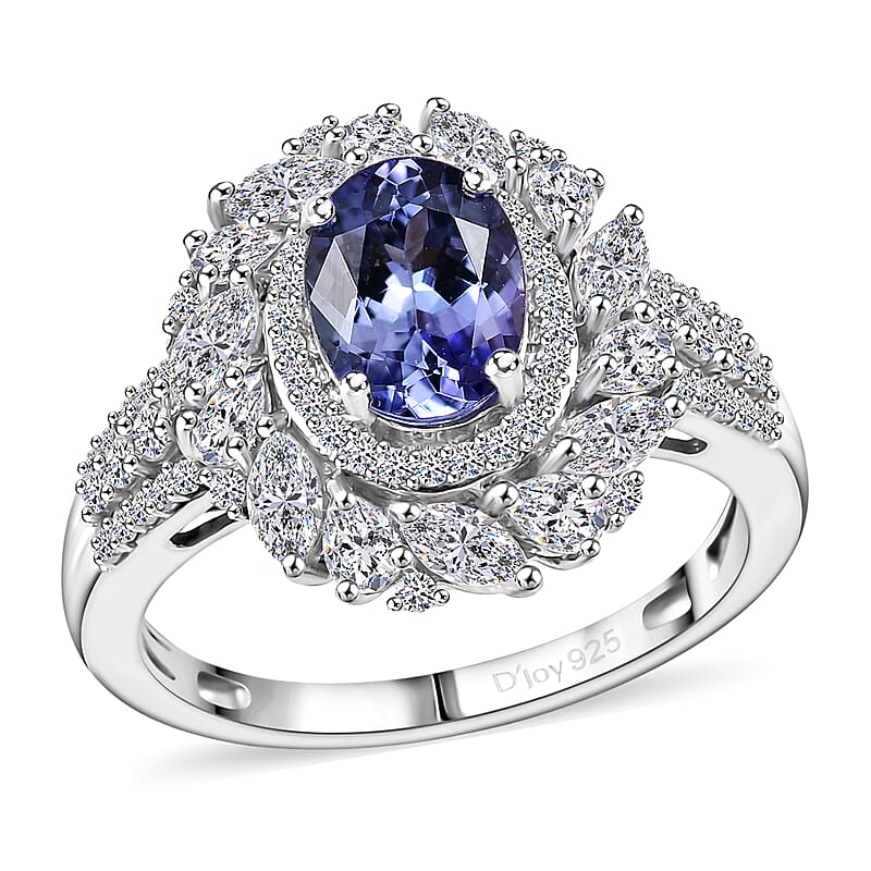D'Joy Tanzanite and Moissanite 2.40 ctw Floral Burst Ring in Rhodium Over Sterling Silver (Size  10.0)