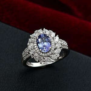 D'Joy Tanzanite and Moissanite 2.40 ctw Floral Burst Ring in Rhodium Over Sterling Silver (Size 10.0)