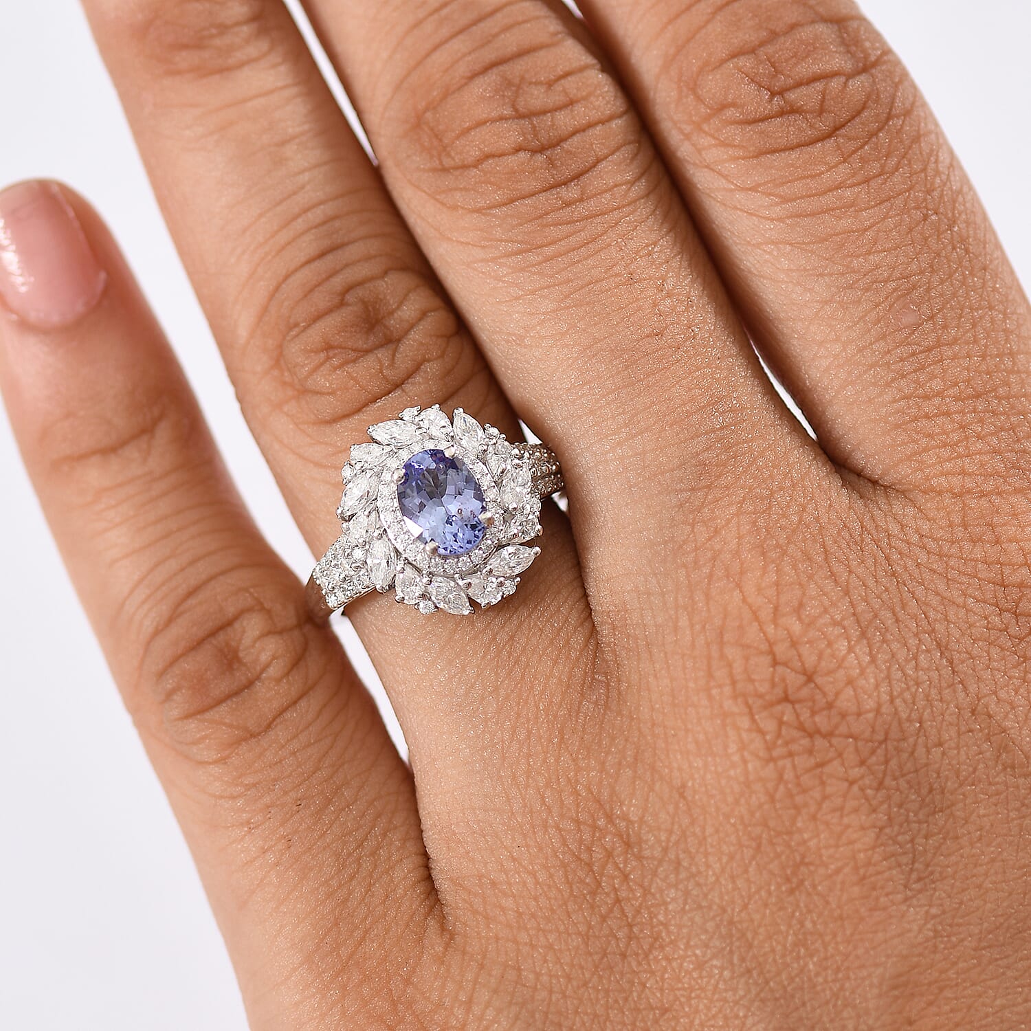 D'Joy Tanzanite and Moissanite 2.40 ctw Floral Burst Ring in Rhodium Over Sterling Silver (Size  10.0)