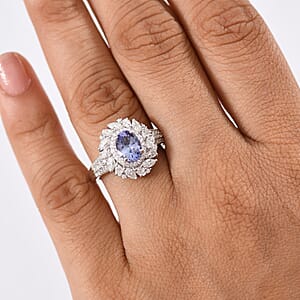D'Joy Tanzanite and Moissanite 2.40 ctw Floral Burst Ring in Rhodium Over Sterling Silver (Size 10.0)