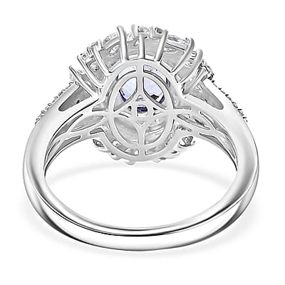 D'Joy Tanzanite and Moissanite 2.40 ctw Floral Burst Ring in Rhodium Over Sterling Silver (Size  10.0)