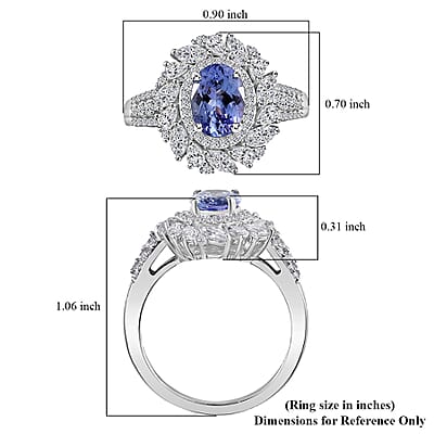 D'Joy Tanzanite and Moissanite 2.40 ctw Floral Burst Ring in Rhodium Over Sterling Silver (Size  10.0)