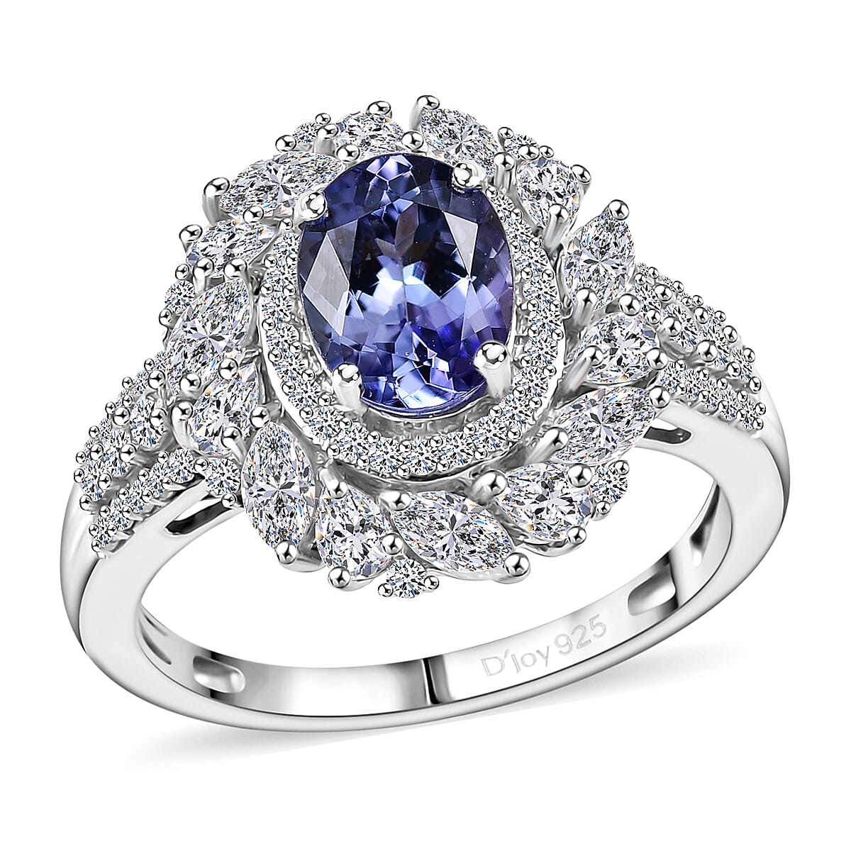 D'Joy Tanzanite and Moissanite 2.40 ctw Ring in Rhodium Over Sterling Silver