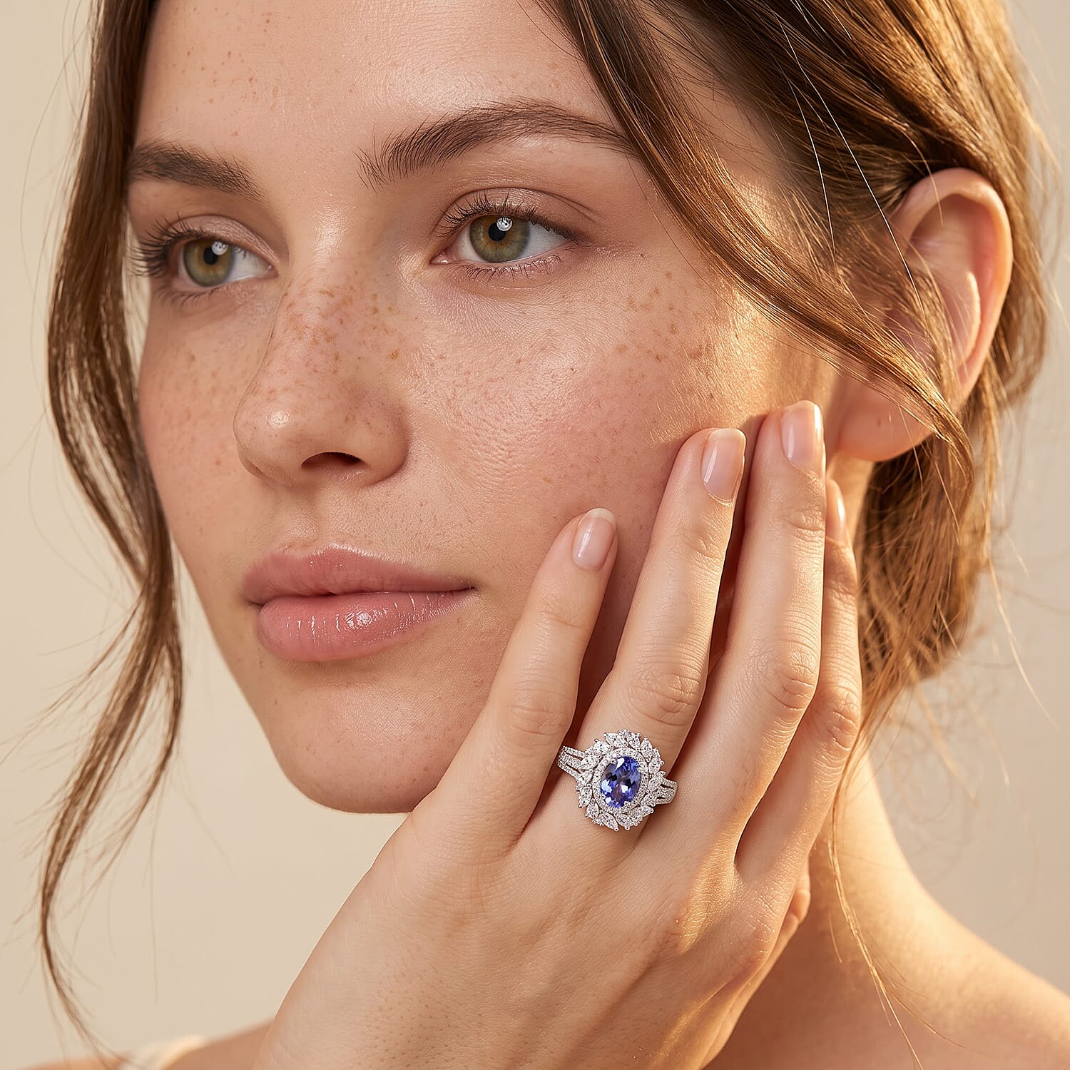 D'Joy Tanzanite and Moissanite 2.40 ctw Floral Burst Ring in Rhodium Over Sterling Silver (Size  7.0)