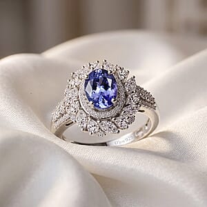 D'Joy Tanzanite and Moissanite 2.40 ctw Ring in Rhodium Over Sterling Silver (Size 7.0)