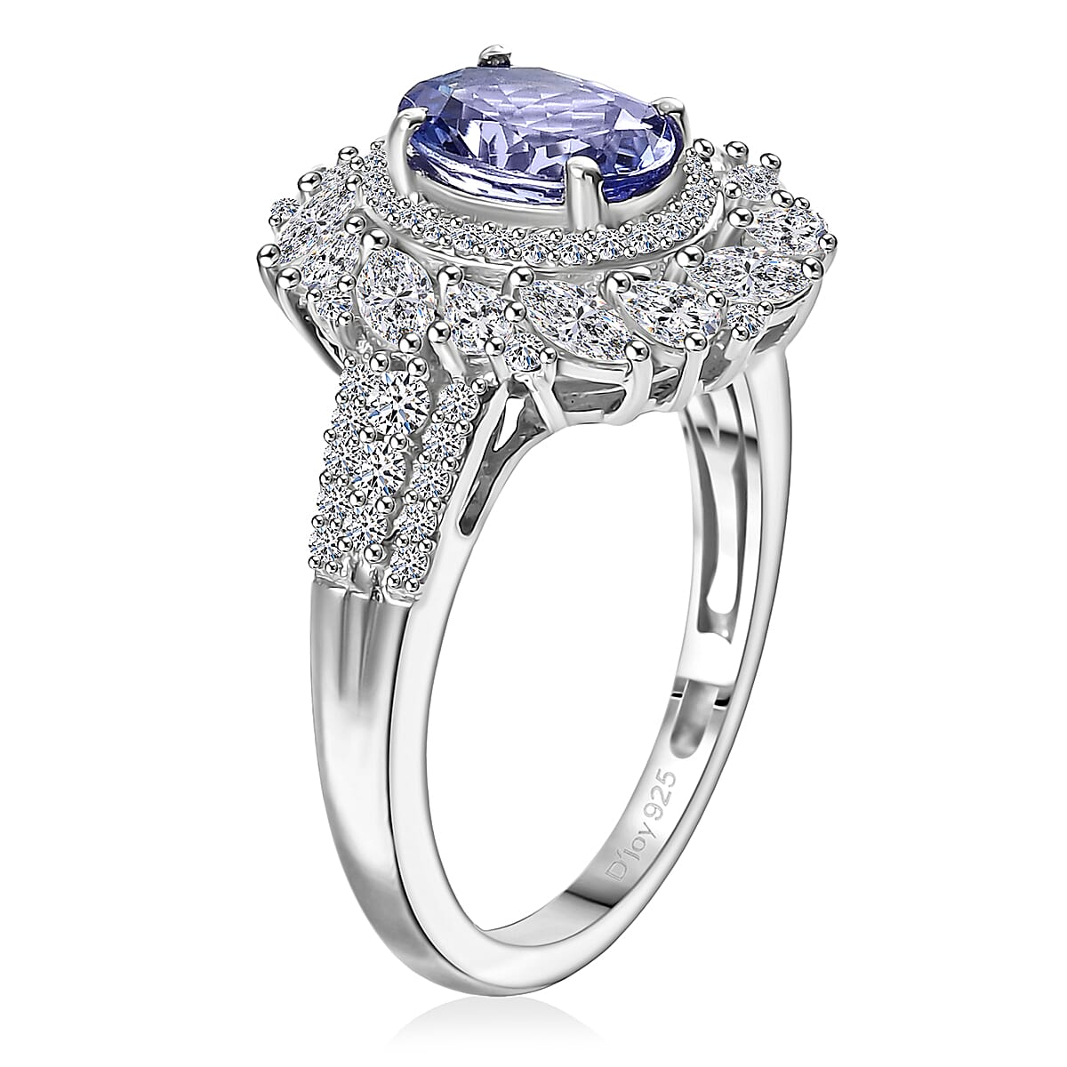 D'Joy Tanzanite and Moissanite 2.40 ctw Floral Burst Ring in Rhodium Over Sterling Silver (Size  7.0)