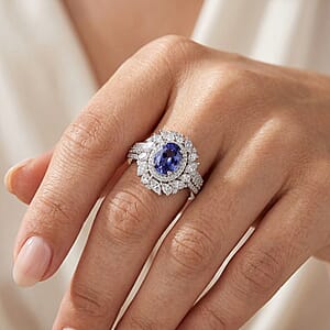 D'Joy Tanzanite and Moissanite 2.40 ctw Ring in Rhodium Over Sterling Silver (Size 7.0)