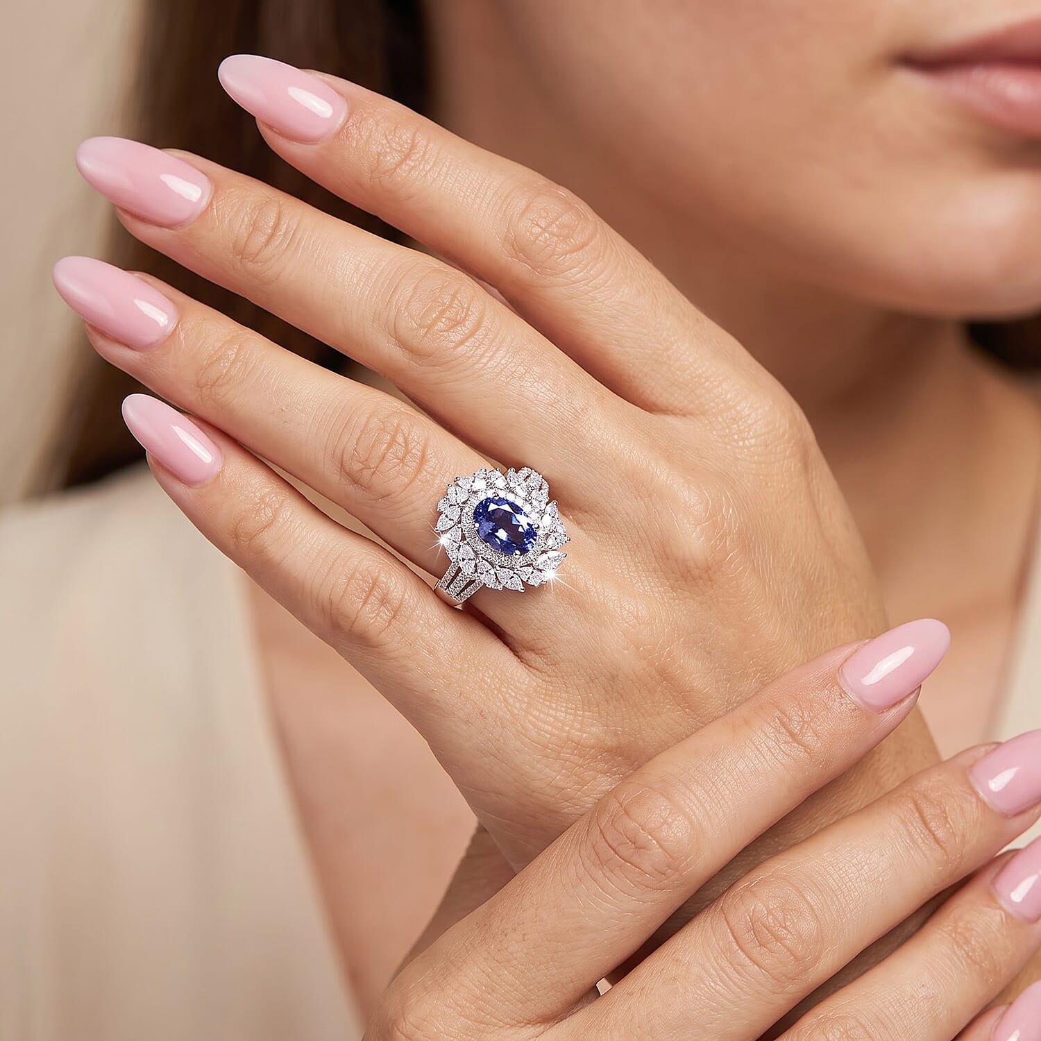 D'Joy Tanzanite and Moissanite 2.40 ctw Floral Burst Ring in Rhodium Over Sterling Silver (Size  7.0)