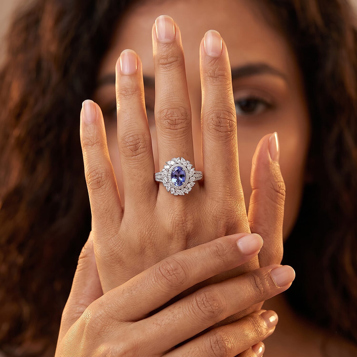 D'Joy Tanzanite and Moissanite 2.40 ctw Floral Burst Ring in Rhodium Over Sterling Silver (Size  7.0)