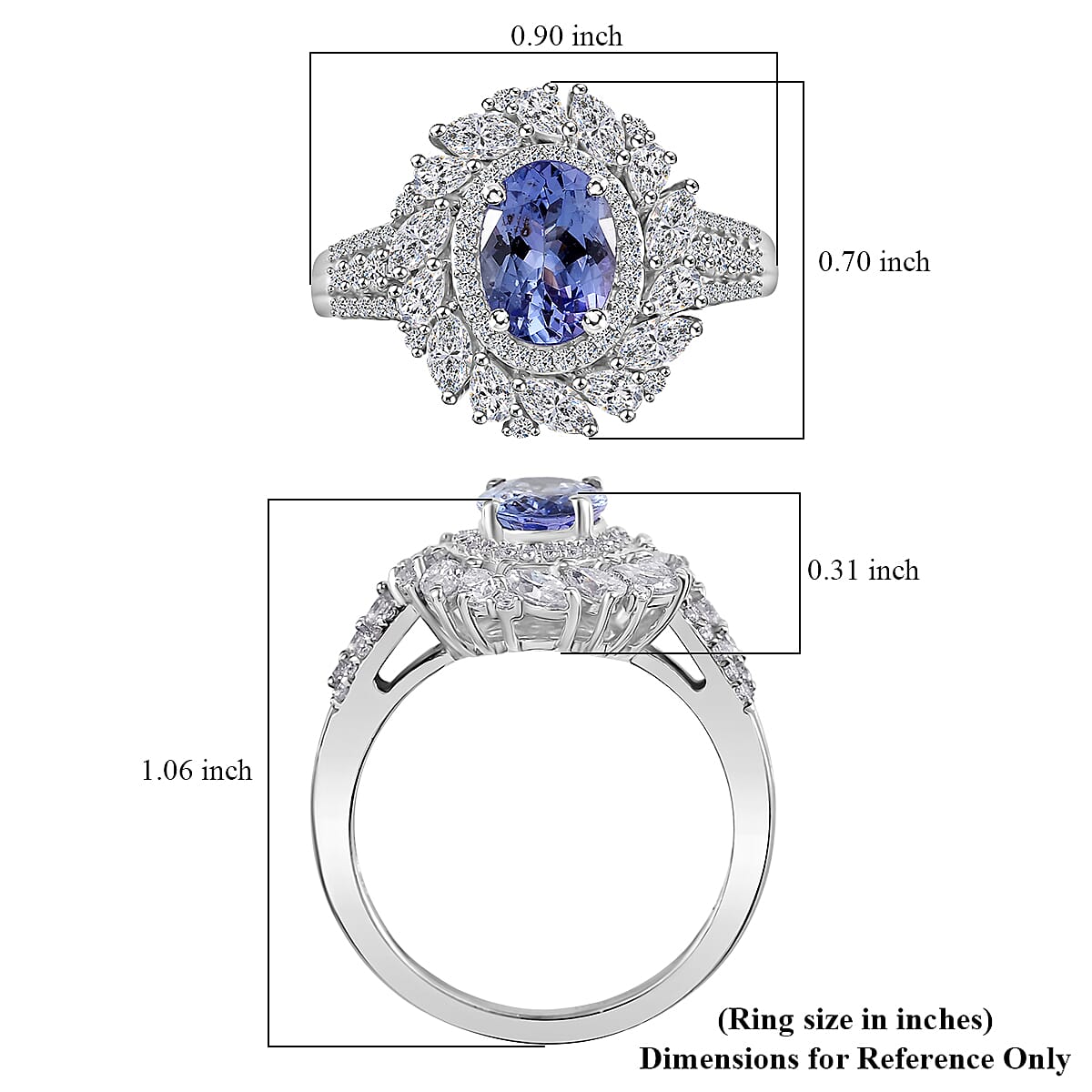 D'Joy Tanzanite and Moissanite 2.40 ctw Floral Burst Ring in Rhodium Over Sterling Silver (Size  7.0)
