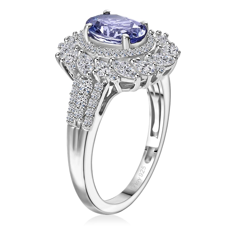 D'Joy Tanzanite and Moissanite 2.40 ctw Floral Burst Ring in Rhodium Over Sterling Silver (Size  8.0)
