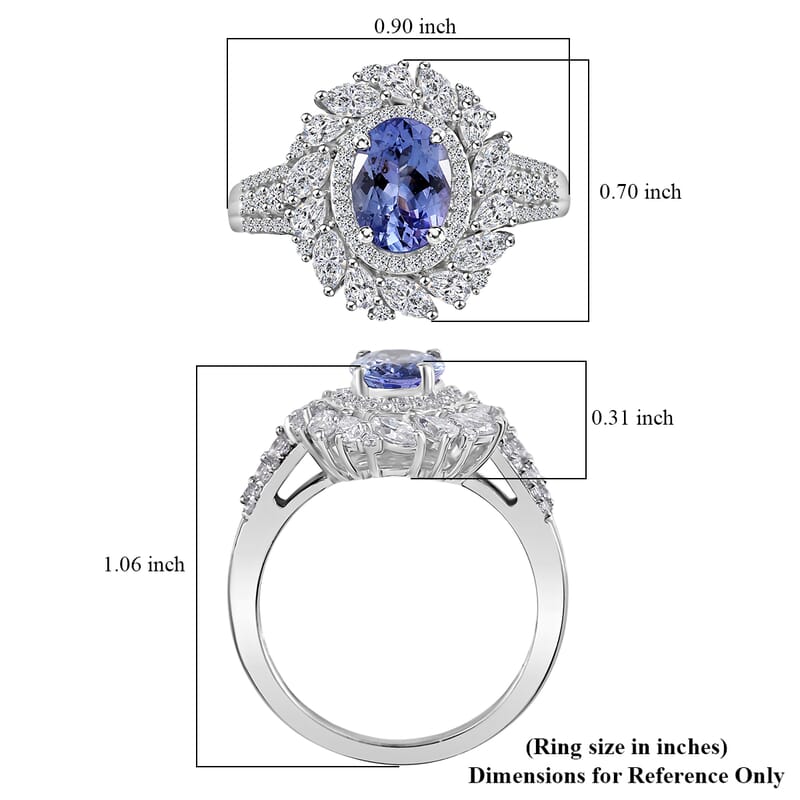 D'Joy Tanzanite and Moissanite 2.40 ctw Floral Burst Ring in Rhodium Over Sterling Silver (Size  8.0)
