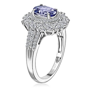 D'Joy Tanzanite and Moissanite 2.40 ctw Floral Burst Ring in Rhodium Over Sterling Silver (Size 9.0)
