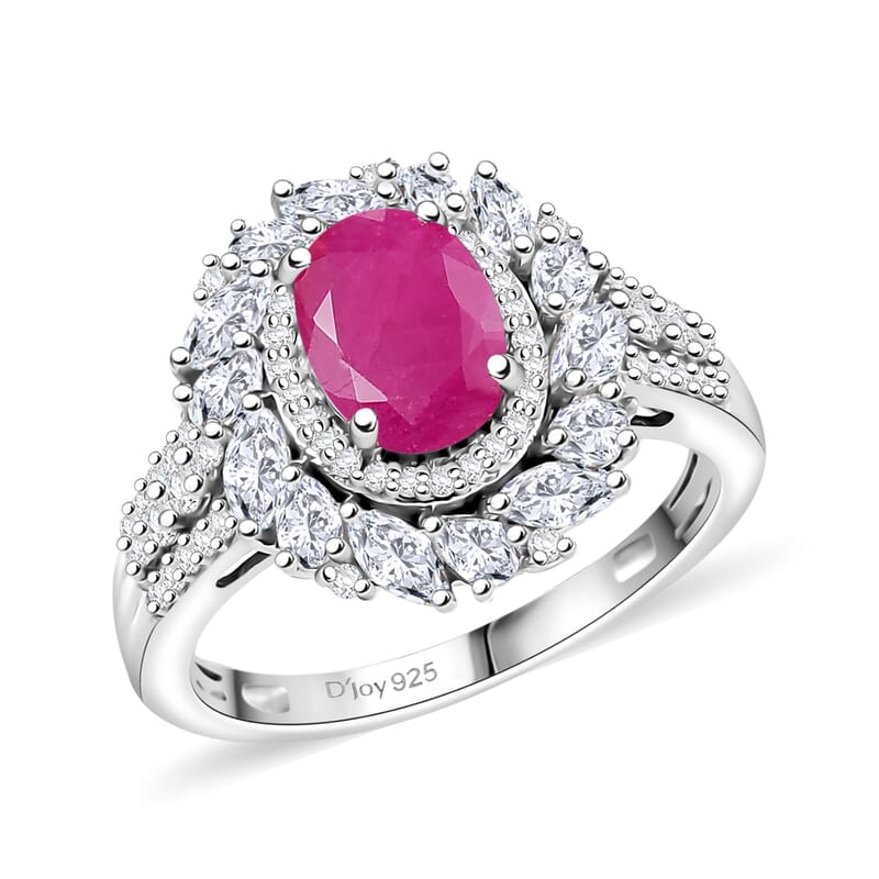 D'Joy Premium Taveta Ruby and Moissanite 3.00 ctw Floral Burst Ring in Rhodium Over Sterling Silver (Size  10.0)