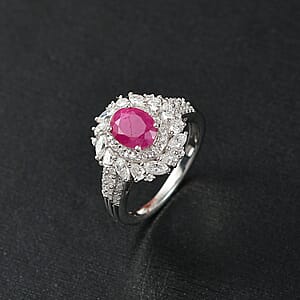 D'Joy Premium Taveta Ruby and Moissanite 3.00 ctw Floral Burst Ring in Rhodium Over Sterling Silver (Size 10.0)