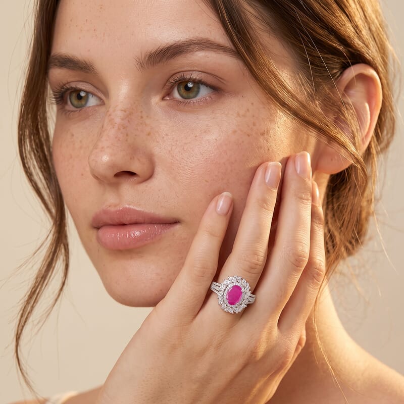 D'Joy Premium Taveta Ruby and Moissanite 3.00 ctw Floral Burst Ring in Rhodium Over Sterling Silver (Size  10.0)